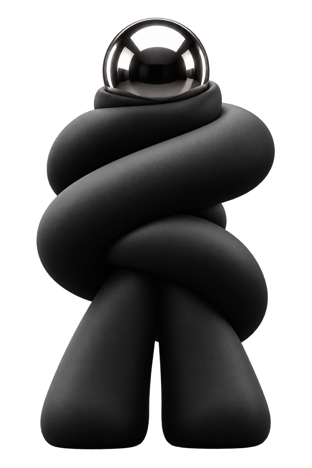 COIL: a broad continuous matte black wrap, rounded legs, and a mirror-polished stainless steel sphere