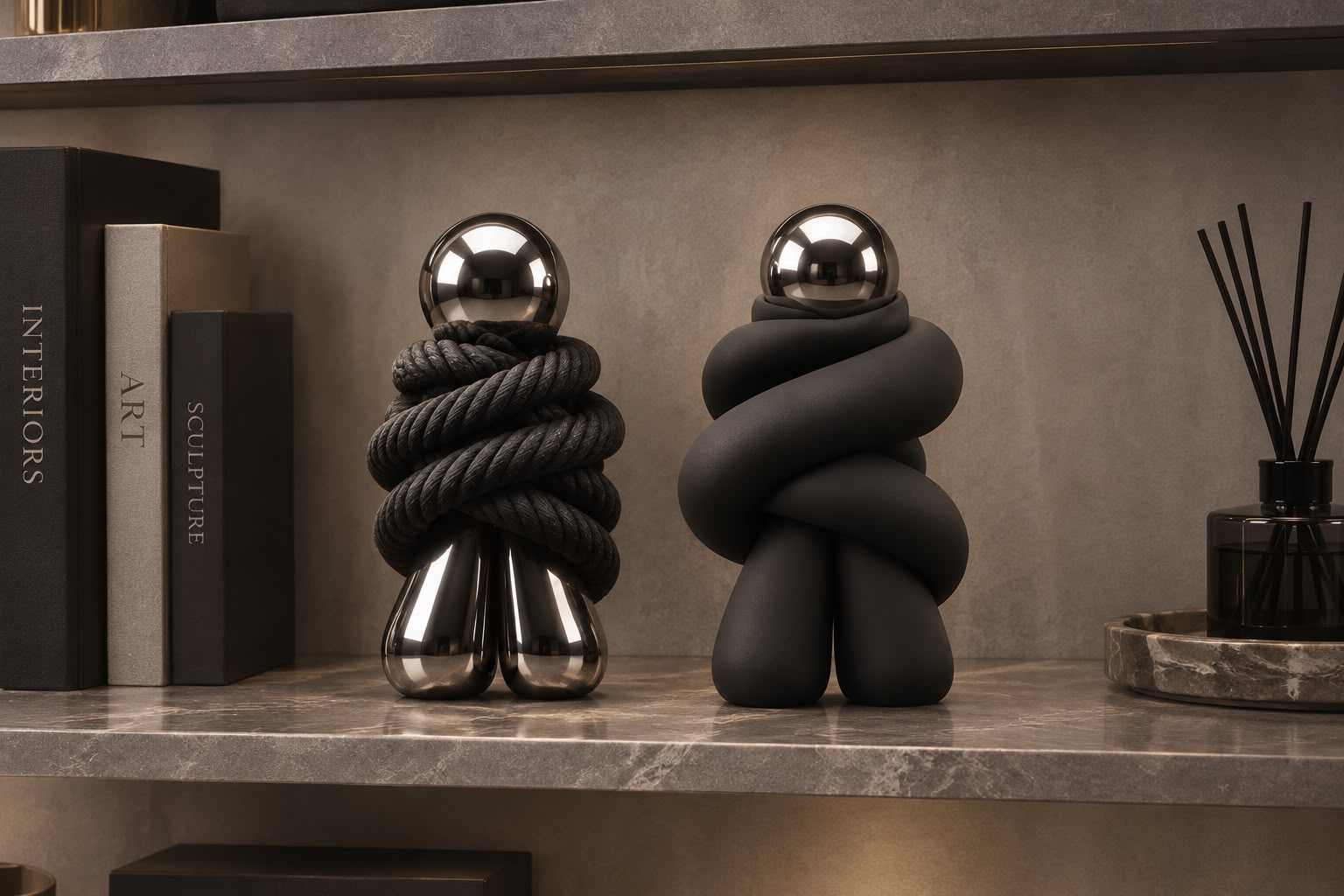 ROPE and COIL concepts on a stone shelf in a warm interior